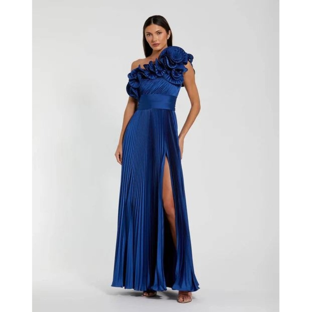 Mac Duggal Blue Pleated‎ Charmeuse One-Shoulder Ruffle Detail Evening Gown Sz 10 - Picture 2 of 11